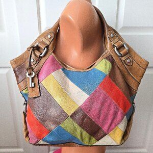 FOSSIL Vintage Leather Multicolor Patchwork Hobo Shoulder Bag Boho Colorblock
